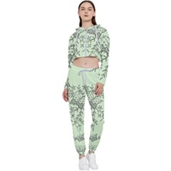 Illustration Of Butterflies And Flowers Ornament On Green Background Cropped Zip Up Lounge Set by Ket1n9