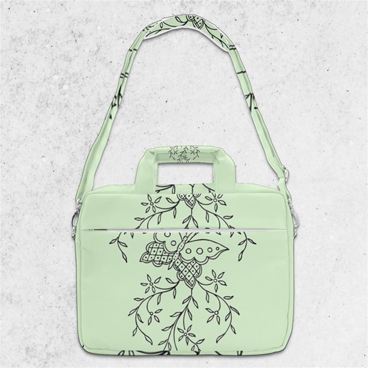 Illustration Of Butterflies And Flowers Ornament On Green Background MacBook Pro 13  Shoulder Laptop Bag 