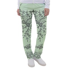 Illustration Of Butterflies And Flowers Ornament On Green Background Women s Casual Pants