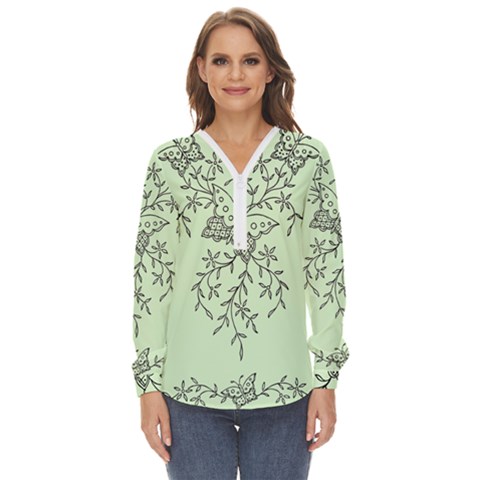 Illustration Of Butterflies And Flowers Ornament On Green Background Zip Up Long Sleeve Blouse by Ket1n9