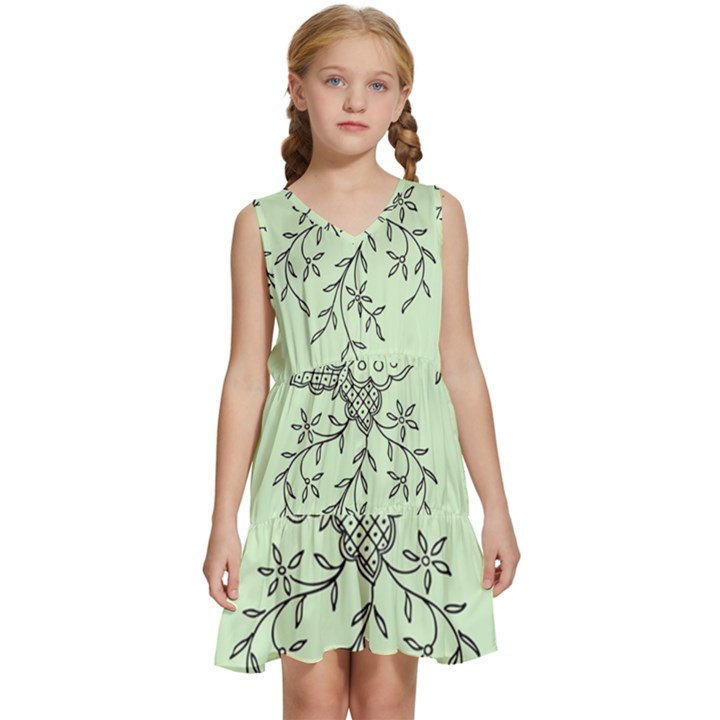 Illustration Of Butterflies And Flowers Ornament On Green Background Kids  Sleeveless Tiered Mini Dress