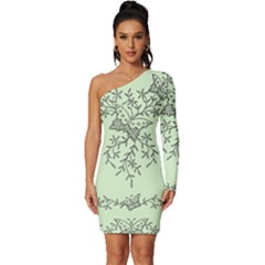 Illustration Of Butterflies And Flowers Ornament On Green Background Long Sleeve One Shoulder Mini Dress by Ket1n9