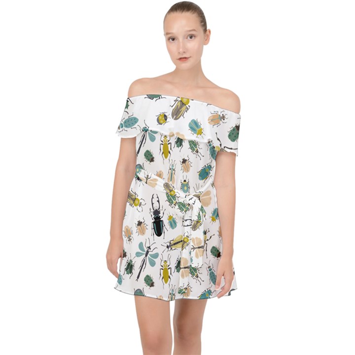 Insect Animal Pattern Off Shoulder Chiffon Dress