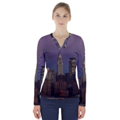 Skyline City Manhattan New York V-neck Long Sleeve Top by Ket1n9