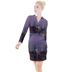 Skyline City Manhattan New York Button Long Sleeve Dress by Ket1n9