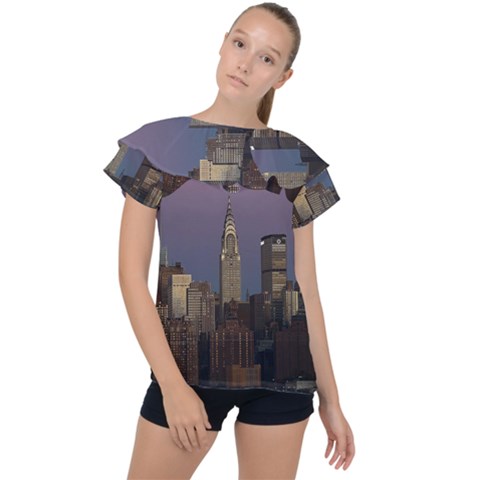 Skyline City Manhattan New York Ruffle Collar Chiffon Blouse by Ket1n9