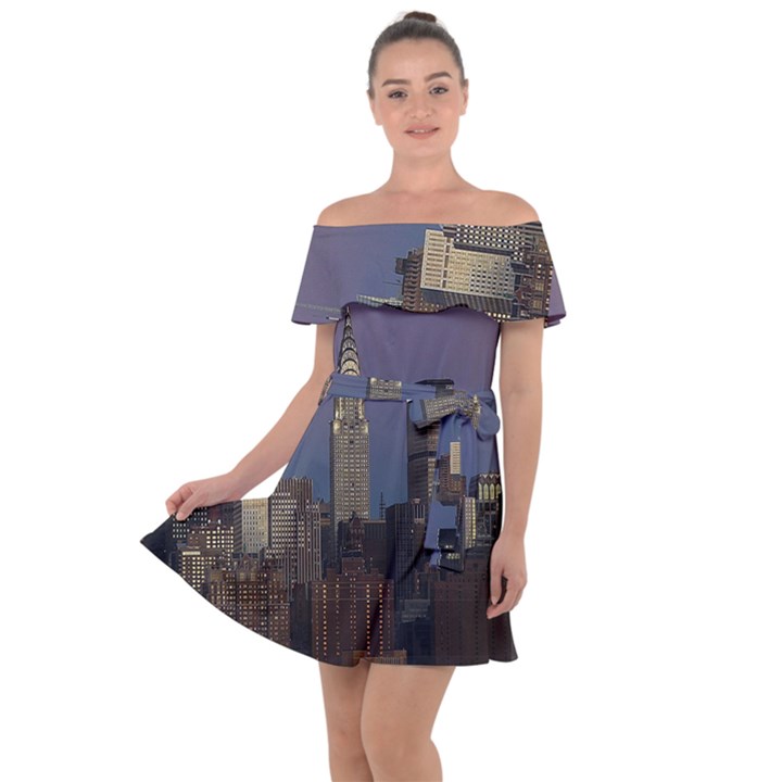 Skyline City Manhattan New York Off Shoulder Velour Dress