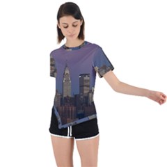 Skyline City Manhattan New York Asymmetrical Short Sleeve Sports T-shirt by Ket1n9