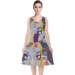 Graffiti Mural Street Art Painting V-neck Midi Sleeveless Dress  by Ket1n9