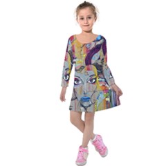 Graffiti Mural Street Art Painting Kids  Long Sleeve Velvet Dress by Ket1n9