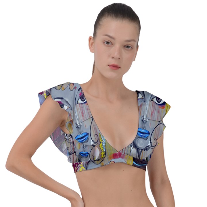 Graffiti Mural Street Art Painting Plunge Frill Sleeve Bikini Top