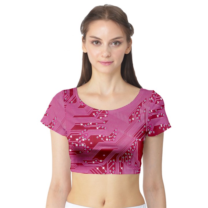 Pink Circuit Pattern Short Sleeve Crop Top