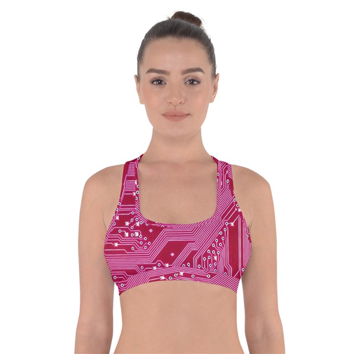 Pink Circuit Pattern Cross Back Sports Bra