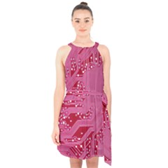 Pink Circuit Pattern Halter Collar Waist Tie Chiffon Dress by Ket1n9