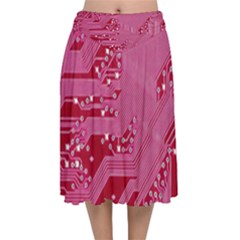 Pink Circuit Pattern Velvet Flared Midi Skirt by Ket1n9