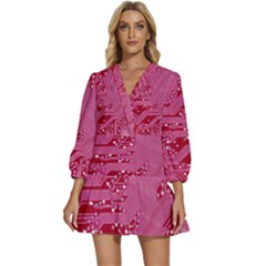 Pink Circuit Pattern V-neck Placket Mini Dress by Ket1n9