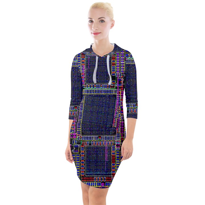 Cad Technology Circuit Board Layout Pattern Quarter Sleeve Hood Bodycon Dress