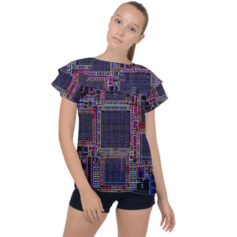 Cad Technology Circuit Board Layout Pattern Ruffle Collar Chiffon Blouse by Ket1n9