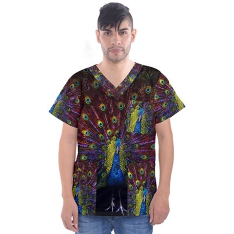 Beautiful Peacock Feather Men s V-neck Scrub Top by Ket1n9