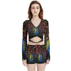 Beautiful Peacock Feather Velvet Wrap Crop Top And Shorts Set by Ket1n9