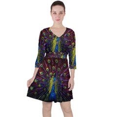 Beautiful Peacock Feather Quarter Sleeve Ruffle Waist Dress by Ket1n9