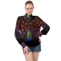 Beautiful Peacock Feather High Neck Long Sleeve Chiffon Top by Ket1n9