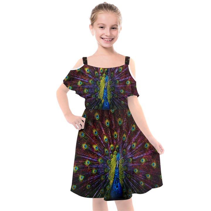 Beautiful Peacock Feather Kids  Cut Out Shoulders Chiffon Dress