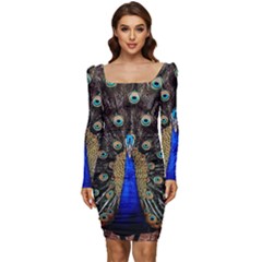 Peacock Women Long Sleeve Ruched Stretch Jersey Dress by Ket1n9