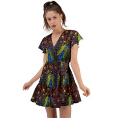 Beautiful Peacock Feather Flutter Sleeve Wrap Dress by Ket1n9