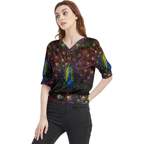 Beautiful Peacock Feather Quarter Sleeve Blouse by Ket1n9