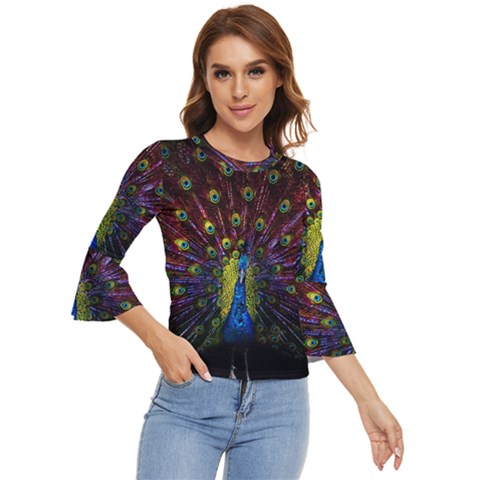 Beautiful Peacock Feather Bell Sleeve Top by Ket1n9