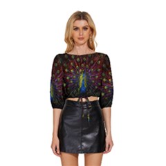 Beautiful Peacock Feather Mid Sleeve Drawstring Hem Top by Ket1n9