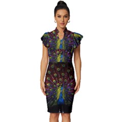 Beautiful Peacock Feather Vintage Frill Sleeve V-neck Bodycon Dress by Ket1n9