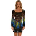 Beautiful Peacock Feather Long Sleeve Square Neck Bodycon Velvet Dress View1