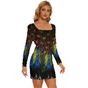 Beautiful Peacock Feather Long Sleeve Square Neck Bodycon Velvet Dress View3