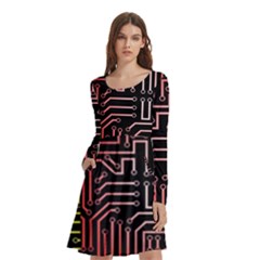 Circuit Board Seamless Patterns Set Long Sleeve Knee Length Skater Dress With Pockets