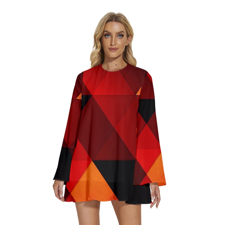 Abstract Triangle Wallpaper Round Neck Long Sleeve Bohemian Style Chiffon Mini Dress