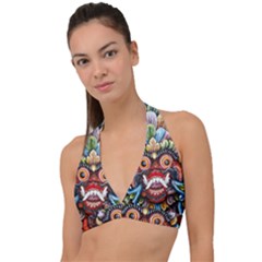 Wood Sculpture Bali Logo Halter Plunge Bikini Top by Ket1n9