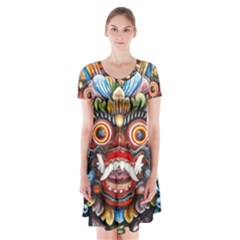 Wood Sculpture Bali Logo Short Sleeve V-neck Flare Dress by Ket1n9