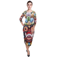 Wood Sculpture Bali Logo Quarter Sleeve Midi Velour Bodycon Dress by Ket1n9