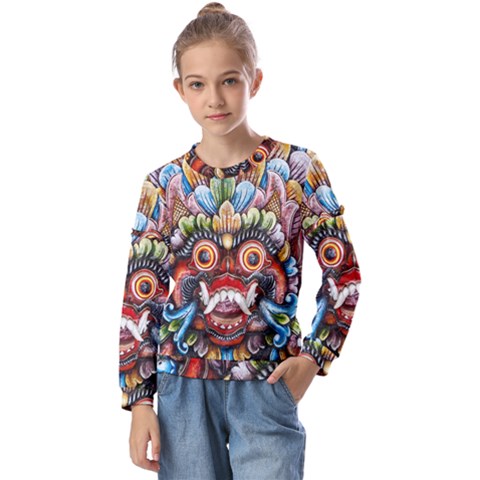 Wood Sculpture Bali Logo Kids  Long Sleeve T-shirt With Frill  by Ket1n9