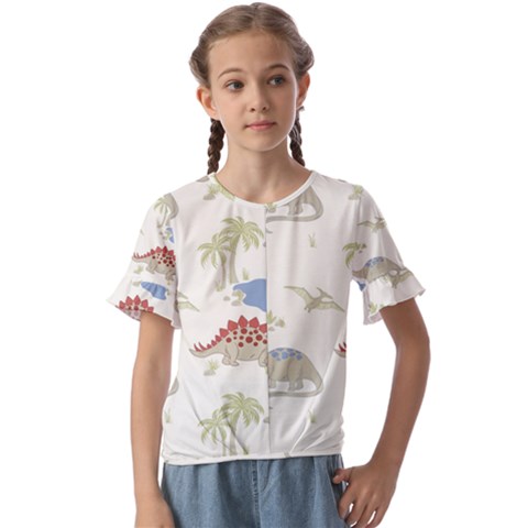 Dinosaur Art Pattern Kids  Cuff Sleeve Scrunch Bottom T-shirt by Ket1n9