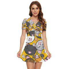 Cats Cute Kitty Kitties Kitten V-neck High Waist Chiffon Mini Dress by Ket1n9