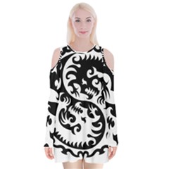 Ying Yang Tattoo Velvet Long Sleeve Shoulder Cutout Dress by Ket1n9