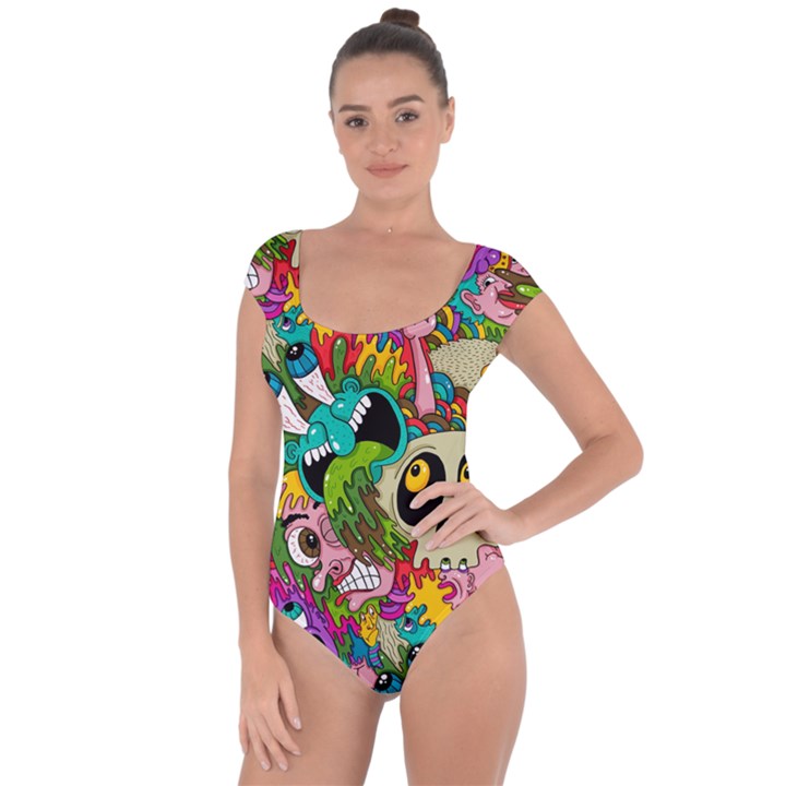 Crazy Illustrations & Funky Monster Pattern Short Sleeve Leotard 