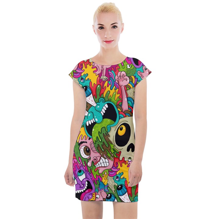 Crazy Illustrations & Funky Monster Pattern Cap Sleeve Bodycon Dress