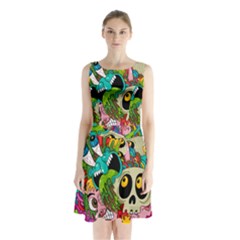 Crazy Illustrations & Funky Monster Pattern Sleeveless Waist Tie Chiffon Dress by Ket1n9