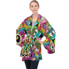 Crazy Illustrations & Funky Monster Pattern Long Sleeve Velvet Kimono  by Ket1n9