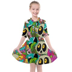 Crazy Illustrations & Funky Monster Pattern Kids  All Frills Chiffon Dress by Ket1n9