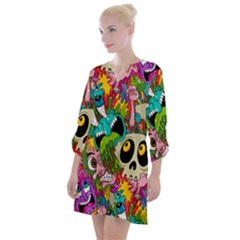 Crazy Illustrations & Funky Monster Pattern Open Neck Shift Dress by Ket1n9